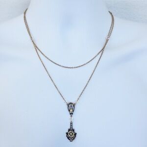 Vintage gold bronze tone ornate filigree iridescent bead drop pendant necklace
